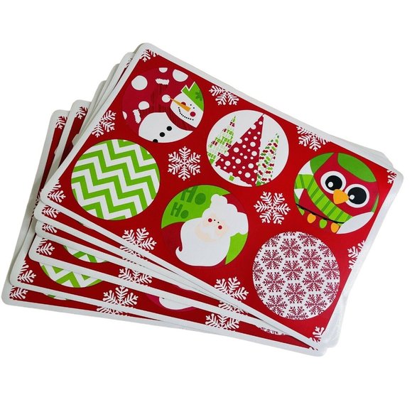 Christmas Placemat Set Red Green Holiday Design Vinyl 11.75" x 17.75" Vintage - Picture 1 of 5